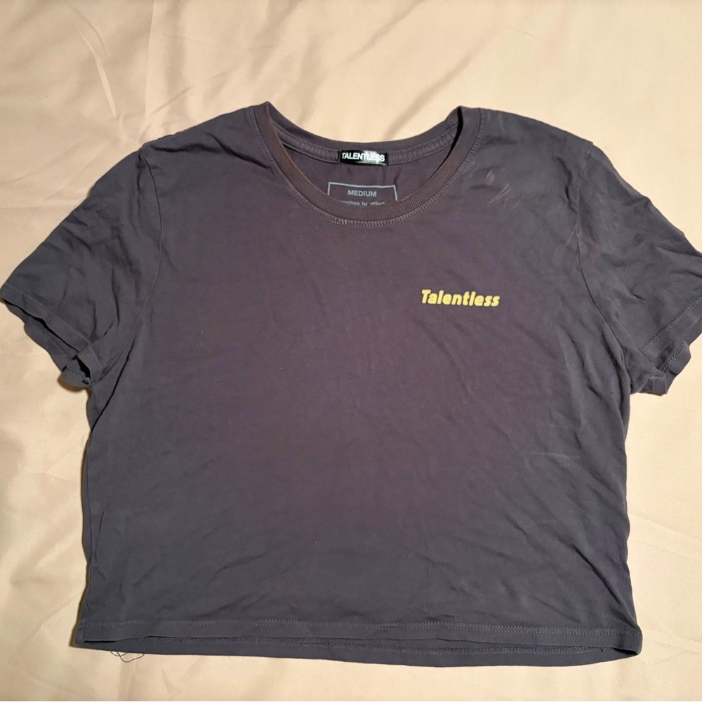 TALENTLESS Navy Crop Tee with Yellow Logo